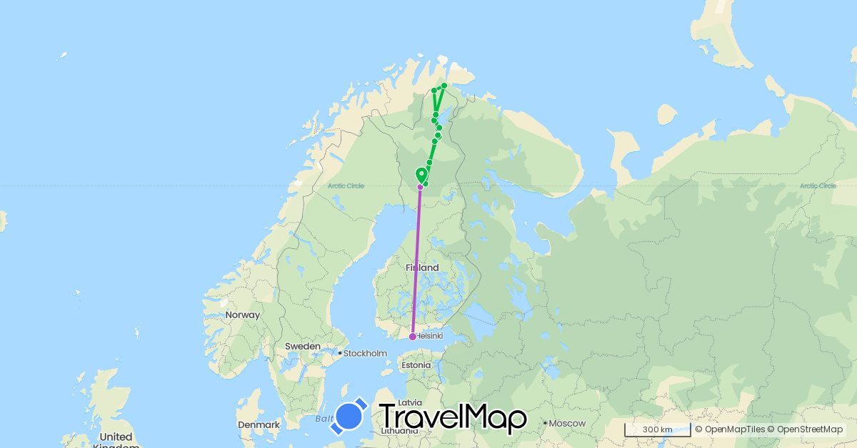 TravelMap itinerary: driving, bus, train in Finland, Norway (Europe)